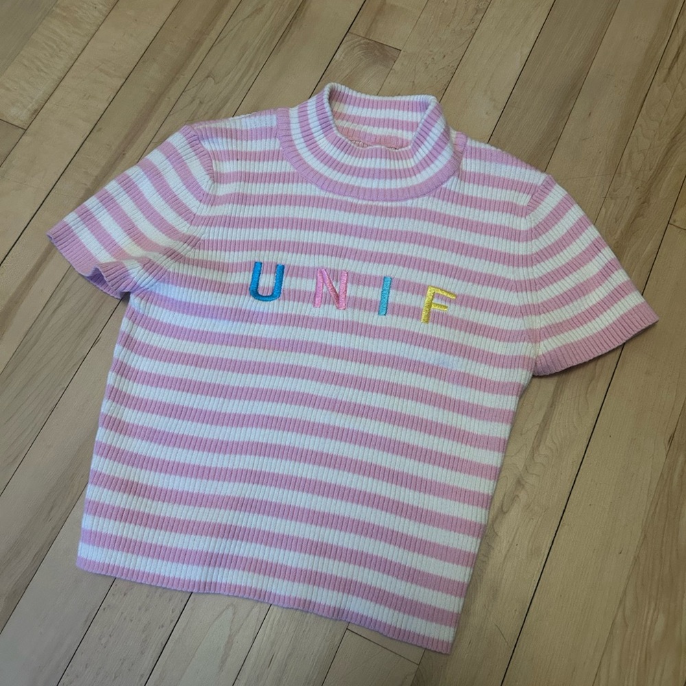 UNIF Pink and White Striped Mock Neck Top
